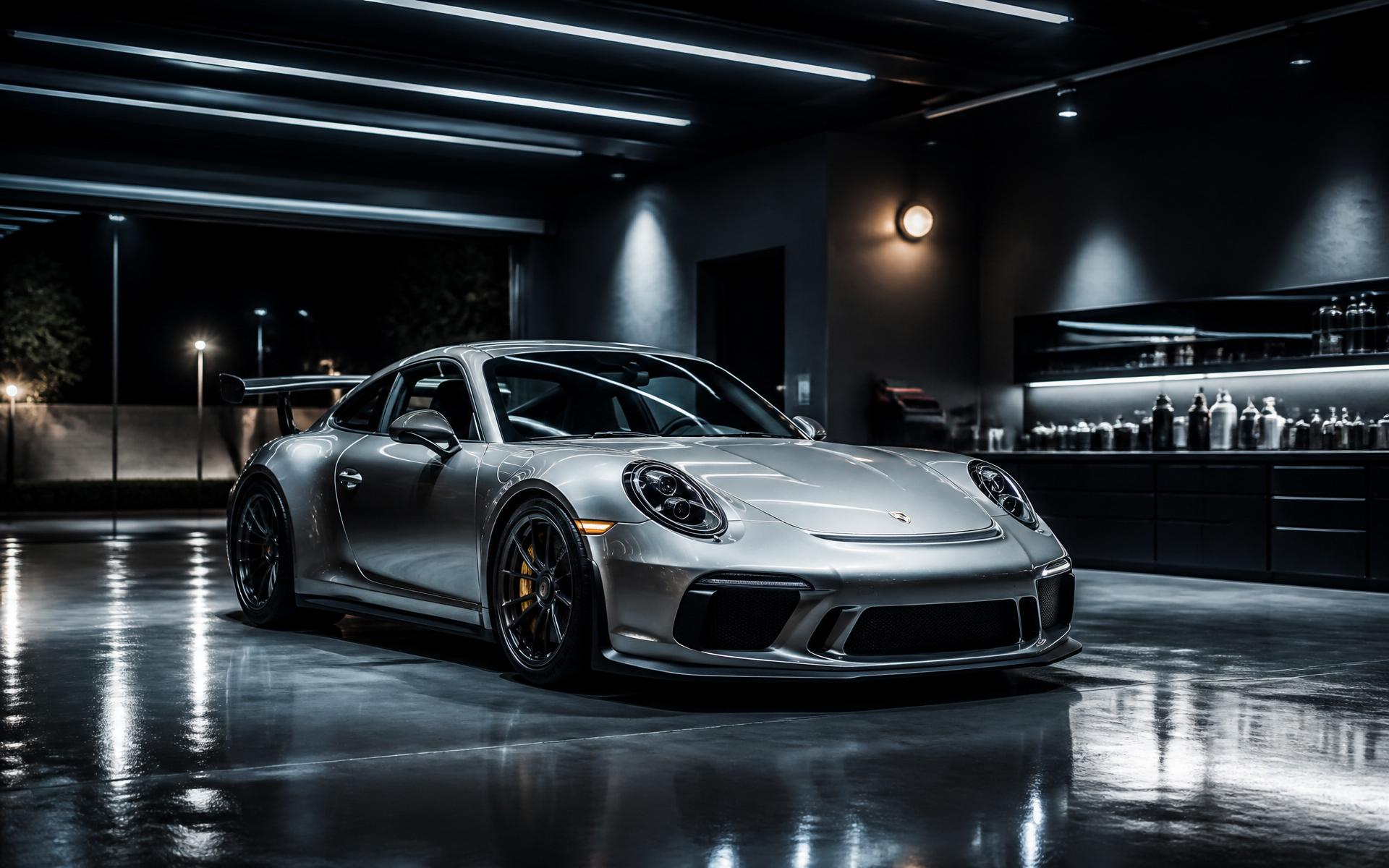 Silver sports car with mirror-gloss paint inside a modern detailing studio